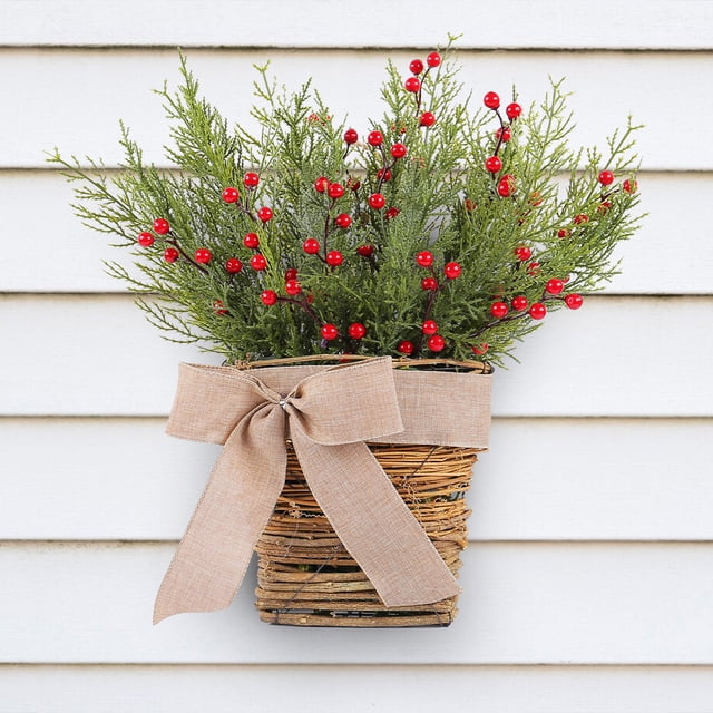Cesta de Flores de Frutos Rojos de Simulación Navideña para Colgar En La Pared, Cesta de Enredaderas de Flores de Simulación para El Hogar, Decoración Navideña para Colgar En La Puerta, Corona de Flo
