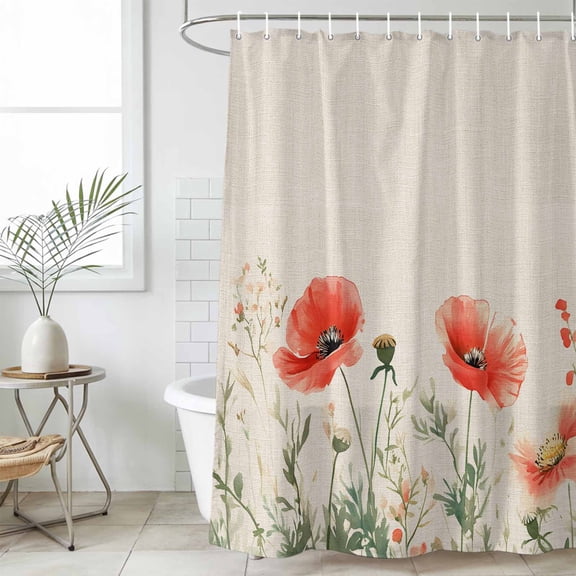 Elegant Poppy Waterproof Fabric Shower Curtain,Spring Florals Pastoral Watercolor Rustic Waterproof Fabric Shower Curtain for Bathroom Curtains Bathtubs Shower Curtains with 12 Hooks Stall 48x72in