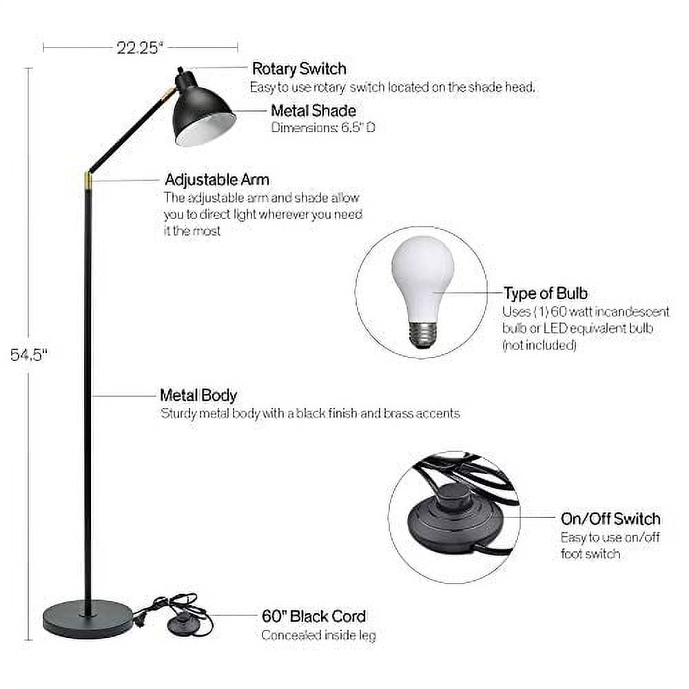 Catalina Lighting Lennon 54.5'' Floor Lamp with Black Metal Dome Shade Industrial Floor Light Fixture for Living Room, Bedroom or Office, Black