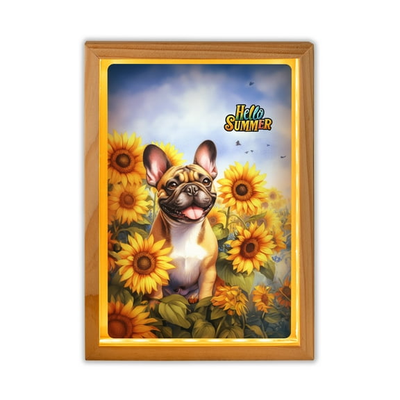 French Bulldog Hello Summer Sunshine Sunflowers Spring Retro Vintage Acrylic Plaque with Wood Photo Frame Box Dog Lover Gifts Light Box - 00008