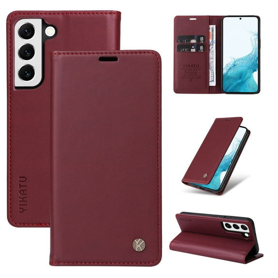 Wallet Case for Samsung Galaxy S23, Business Style PU Leather Magnetic Adsorption Flip Folio Cover with Kickstand Card Slots Cash Holder Soft Silicone Shockproof Protective Case,Winered