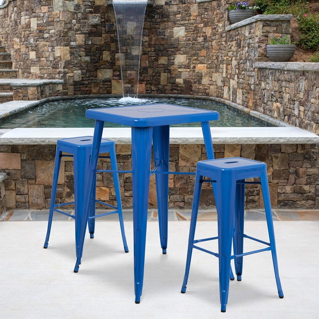 Bowery Hill Metal 3 Piece Bar Table Set in Blue