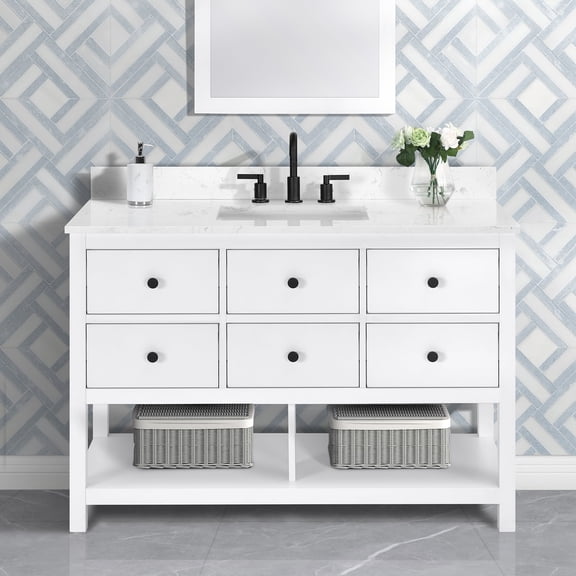 Encino 48" Single Bathroom Vanity, Carrara White Quartz Top With Sink & Backsplash. 49"W x 22"D x 34.5"H. Crisp White. MDF. Pre-Assembleb. 5 Soft-closing Drawers. 1 Shelf. Adjustable Feet