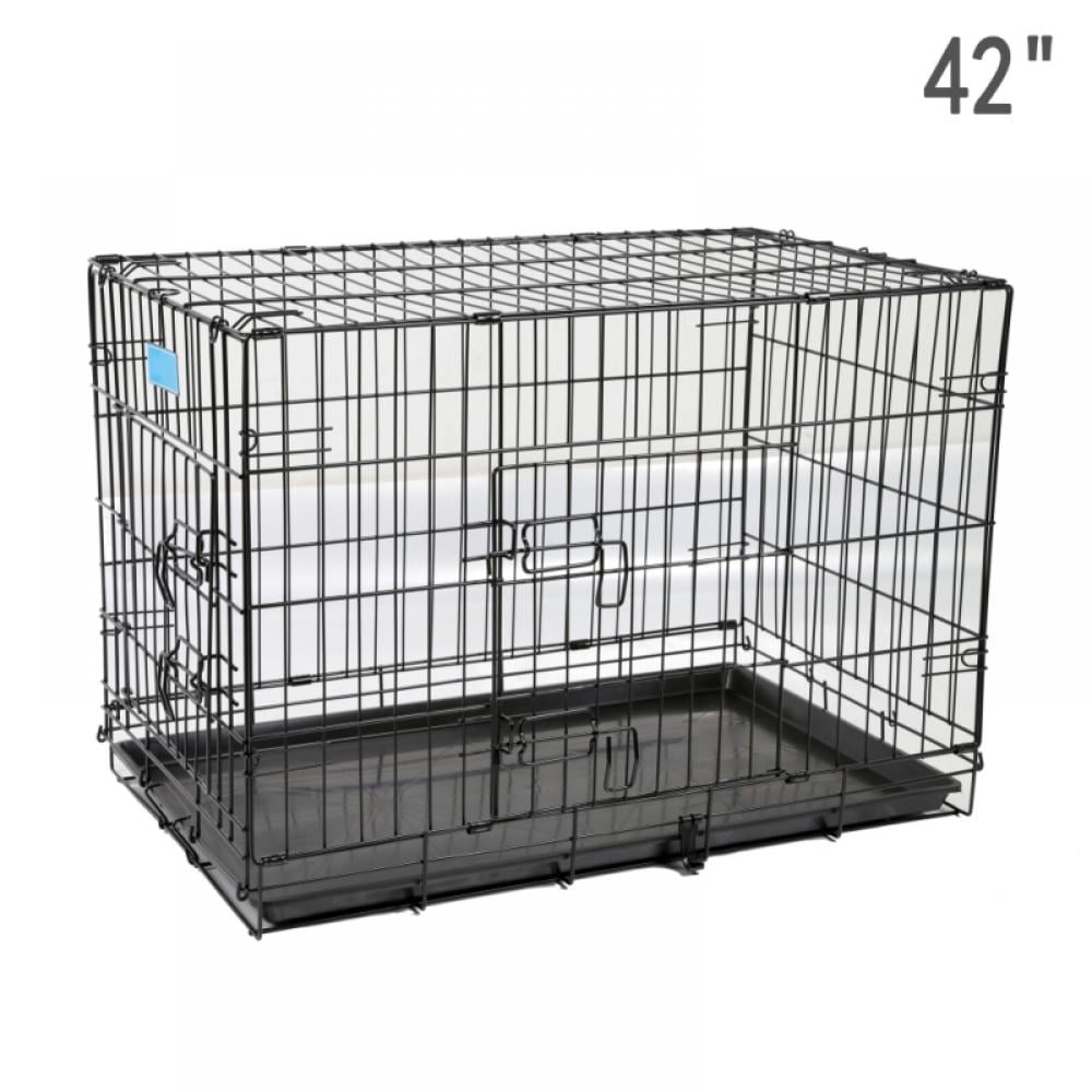 Double Door Folding Dog Crate - Portable Large 42-Inch Metal Wire Kennel,  Plastic Leak-Proof Tray, Slide Bolt Latches
