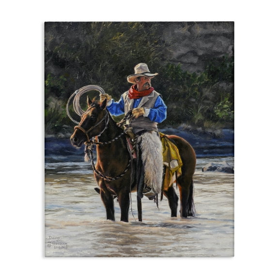 Stupell Industries Cowboy & River Passage People Painting Wrapped Canvas Art Print Wall Art, 16 x 20