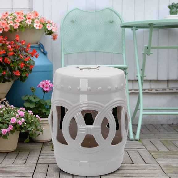 Outsunny 14" x 17" Ceramic Garden Stool with Double-Coin Knotted Ring Design & Strong Glazed Material, White