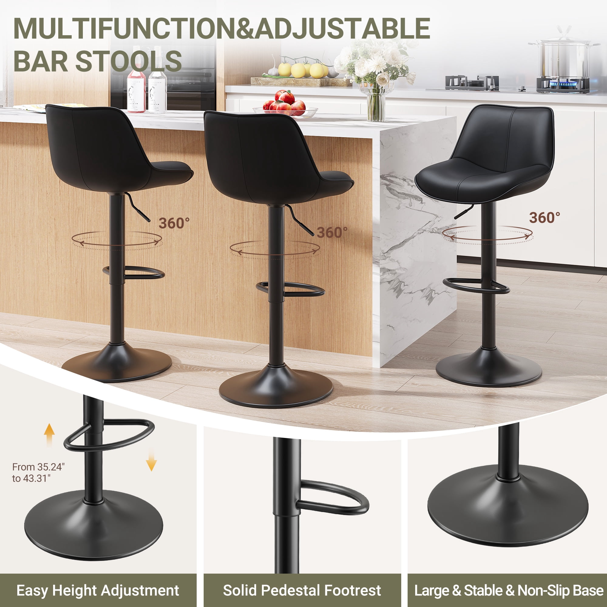 EOP Upholstered Bar Stool Set of 1, Adjustable Swivel Counter Height Bar Chair with Backrest, Modern PU Leather Counter Stool for Bar, Kitchen, Dining Room, Black