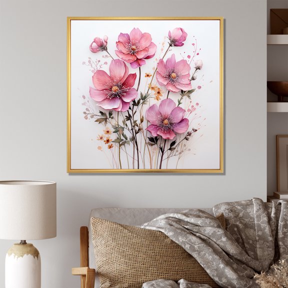 Designart "Pink Flower Minimalism in Pink" Abstract Botanicals Floater Framed Canvas Print