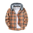 thumbnail image 2 of Mens Flannel Plaid Shirts Casual Button Down Jackets Long Sleeve Color Blocked Stylish Hooded Shirts with Pocket Orange L, 2 of 4