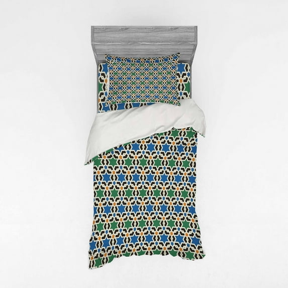 Ambesonne Moroccan Bedding Set 3 Pcs, Hexagon Stars Pattern, Twin, Green Blue Black