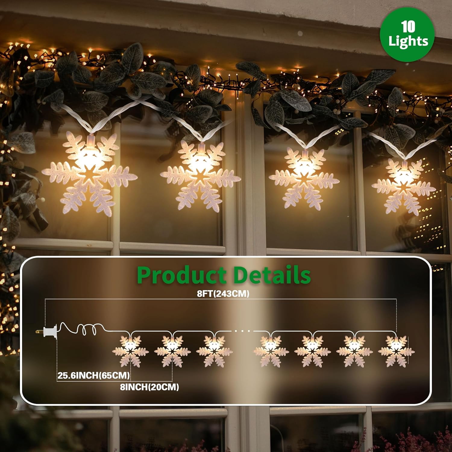 8FT Snowflake String Lights for Christmas Decoration, 10 Glitter Snowflakes Indoor Outdoor Winter Tree Bedroom Home Decoration, Warm White