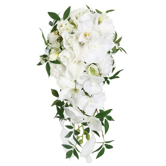 Bridal Bouquet, Silk Flower Bouquets for Wedding, White Wedding Bouquets for Bride, Cascading Design, Simulation Wedding Bouquet with Green Leaf Accents