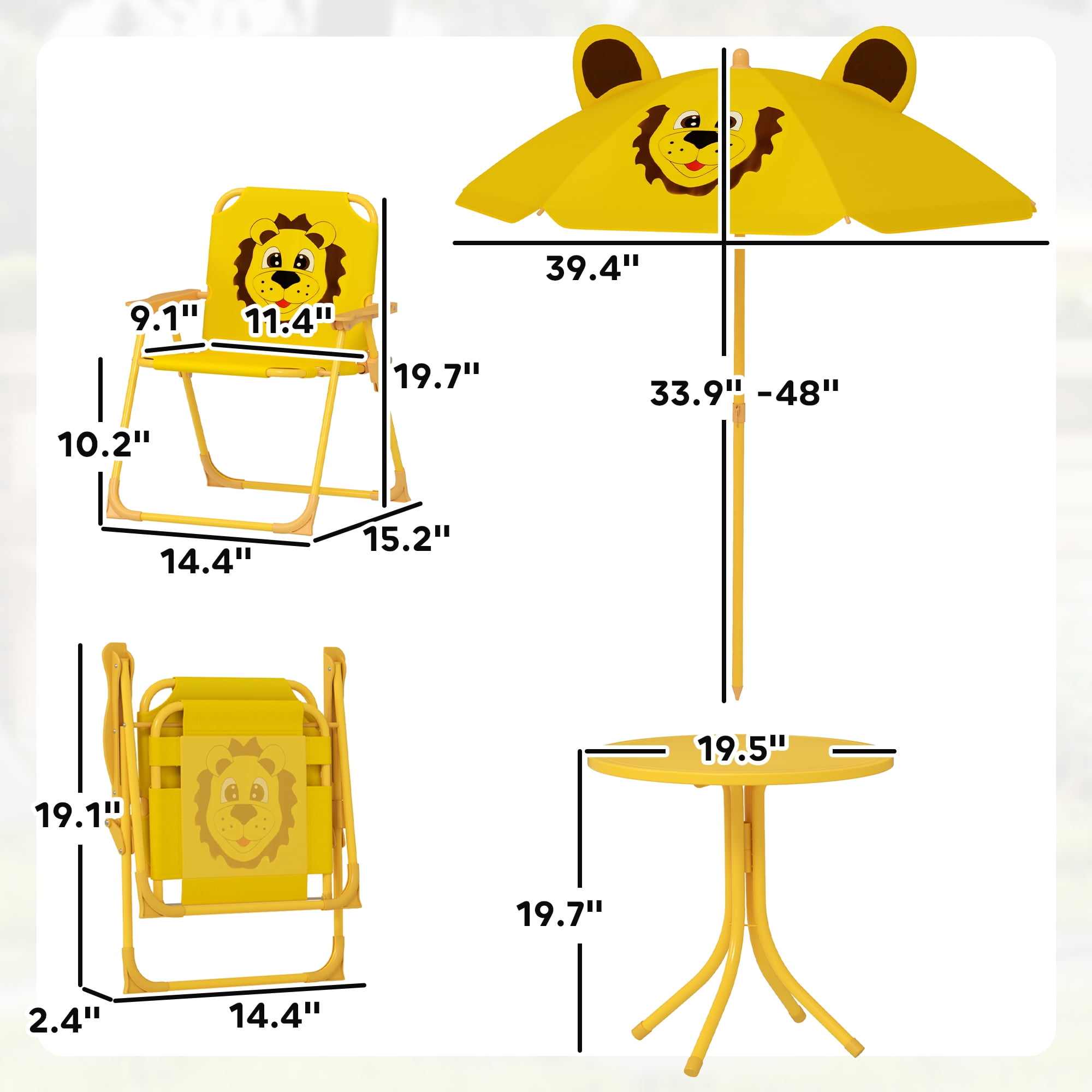 Qaba Kids Picnic Table and Chair Set, Bee Pattern Outdoor Activity Table with Foldable Chairs, Height Adjustable Umbrella for Backyard, Garden, Yellow