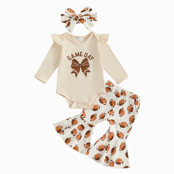 Xudanell Newborn Baby Girl Football Outfit On Sundays We Watch Football with Daddy Romper Flared Pants Headband 3 Piece Set(Beige, 12-18 Months)