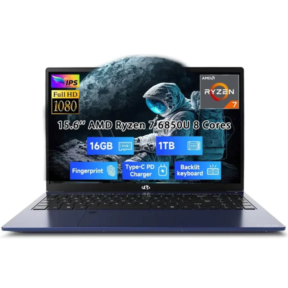 15.6" Light-Gaming-Laptop, 8 Cores AMD Ryzen 7 Pro 6850U 16GB LPDDR5 RAM 1TB SSD (Beat i7-1360P Up to 4.7GHz) AMD Radeon 680M GPU IPS FHD Computer with 100W Type-C Backlit Keyboard Fingerprint