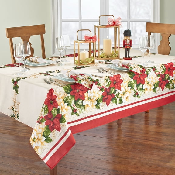 Elrene Home Fashions Poinsettias Tablecloth, Red and White, 60" x 84" Rectangle