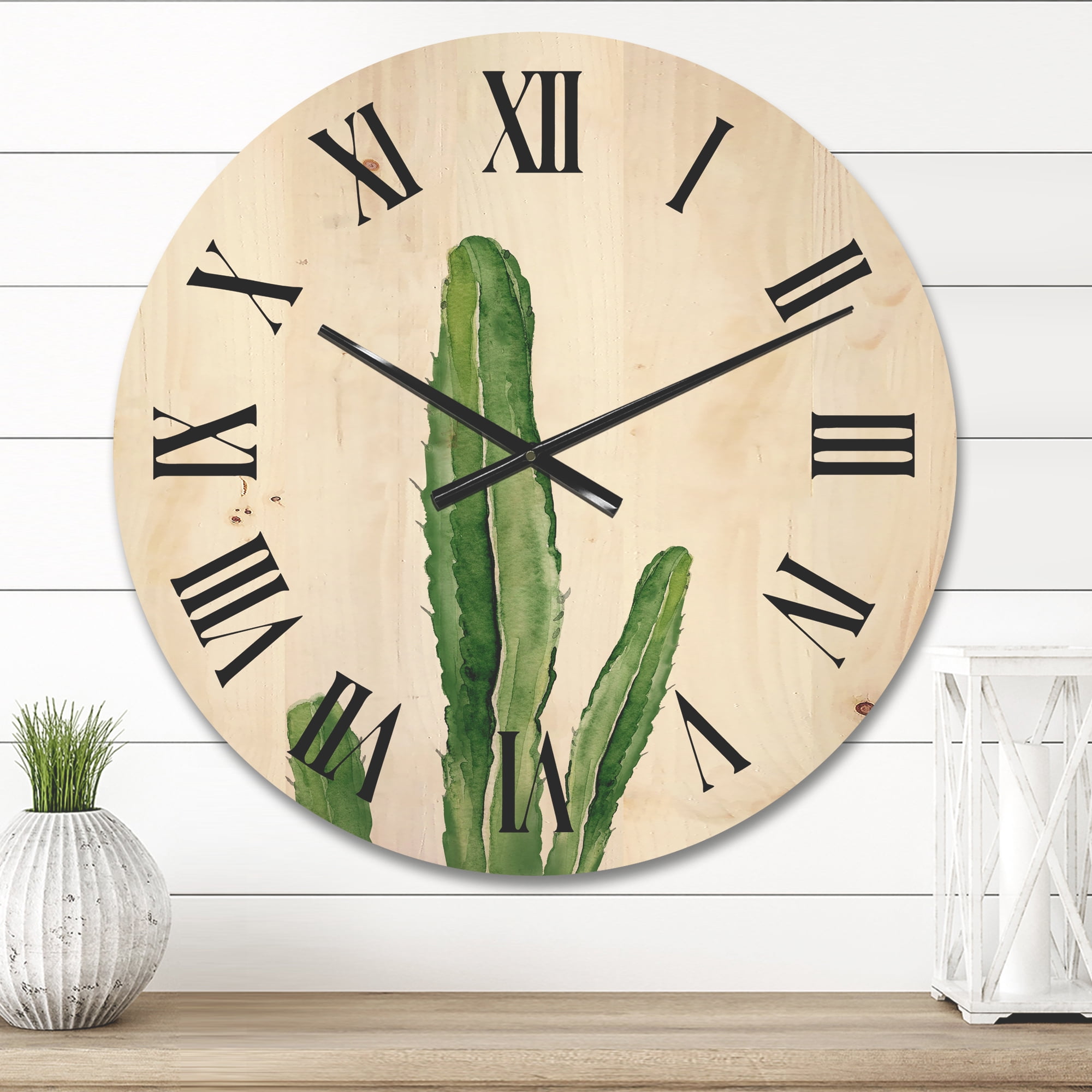 Designart 'Green Cactus South Western Plant' Tropical Wood Wall Clock