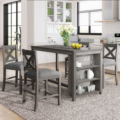 5 Pieces Counter Height Rustic Farmhouse Dining Room Wooden Bar Table Set With 4 Chairs Gray Com Rustic Farmhouse Dining Room, Rustic Counter Height Kitchen Table Set