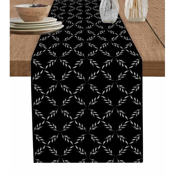 Black Morocco Table Runner Geometric Leaf Diamond Lattice Abstract Tablerunners 14 x 72 Inch, Table Decorations Tabletop Scarf for Summer Gathering Holiday Farmhouse Kitchen Dining Decor