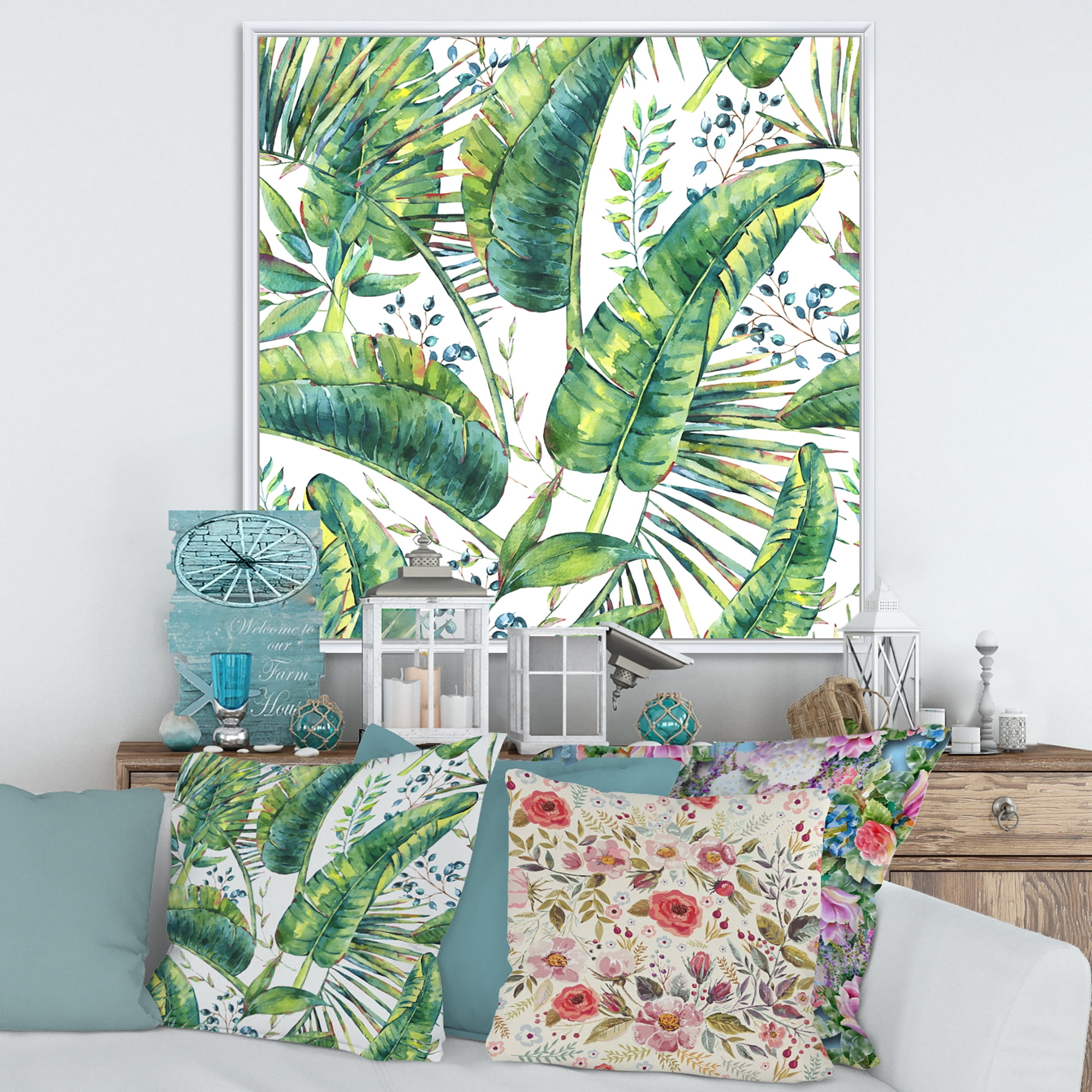 Designart 'Ancient Pattern Of Banana Leaves' Lake House Framed Canvas Wall Art Print