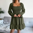 thumbnail image 4 of Robe Courte à Volants Froncée pour Femme, Encolure Carrée, Manches Longues Bouffantes, Robes d'Automne Décontractées, Fluides, Mignonnes, Ligne A, Boho, Robe Courte, 4 of 6