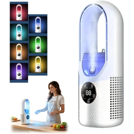 6-Speed Rechargeable Bladeless Desk Fan With 7-Color LED Lights, Quiet Gentle Airflow Portable Cooling Fan For Bedroom, Office & Travel Use (White)