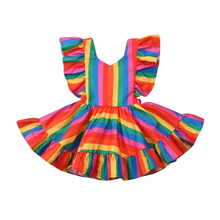 

Carolilly Girls Summer Dress Ruffle Sleeve Colorful Striped Back Straps Dress