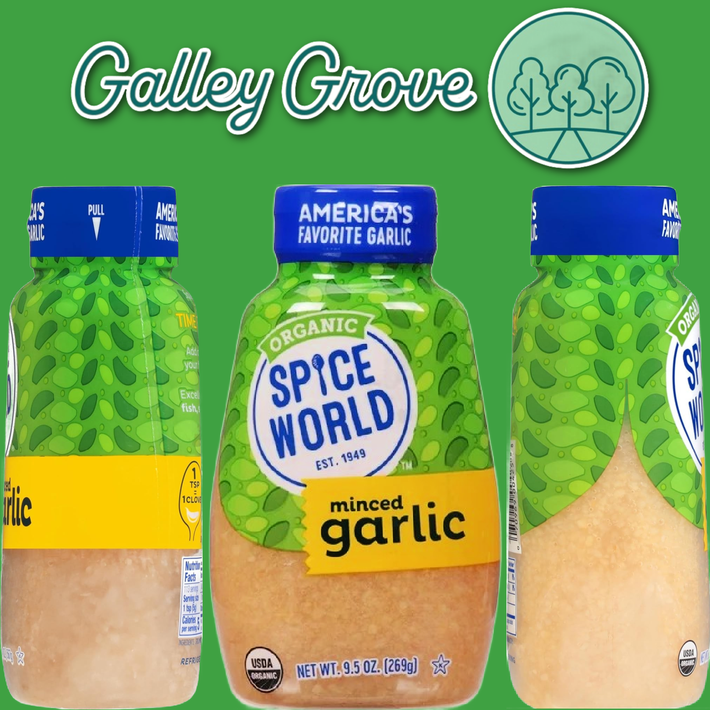 Spice World Organic Minced Garlic (2-Pack) - 9.5 oz Squeeze Bottles, Includes Galley Grove Sugar Free Peppermint Breath Mints