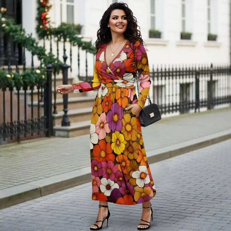 Fkelyi Colorful Flower Print Womens Fall Dress Long Sleeve Maxi Dress for Wedding Party Casual Outdoor Cloth V Neck Soft Dresses with Pocket, 3XL, Fkelyi Colorful Flower Print Womens Fall Dress Long Sleeve Maxi Dress for Wedding Party Casual Outdoor Cloth V Neck Soft Dresses with Pocket, 3XL,
