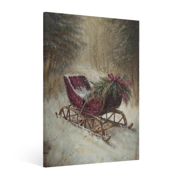 Vintage Christmas sled Wall Art Paint - Retro Xmas Festive Winter Holiday Christmas Wall Decor Canvas for Living Room Kitchen Bathroom Home Bedroom Decor Framed
