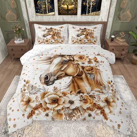 Castle Fairy Kids Teens Western Animal Horse Bedding Comforter Set 2pcs Vintage Rustic Farmhouse Twin Comforter Sets Microfiber Chic Floral Flowers Breathable Bedding Set Super Cozy Room Decor