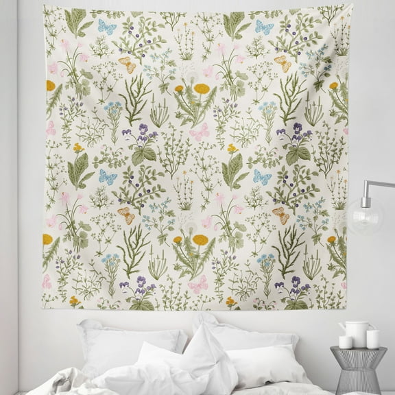 Floral Tapestry, Vintage Garden Plants Herbs Flowers Botanical Classic Design Art, Fabric Wall Hanging Decor for Bedroom Living Room Dorm, 5 Sizes, Reseda Green Beige, by Ambesonne