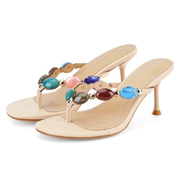 VBDB Women Colorful Gem Beaded Thong Heeled Mules Sandals, Square Open Toe Stiletto Slip On Flip‑Flop High Heel Sandals, Summer Dressy Party Wedding Evening Shoes