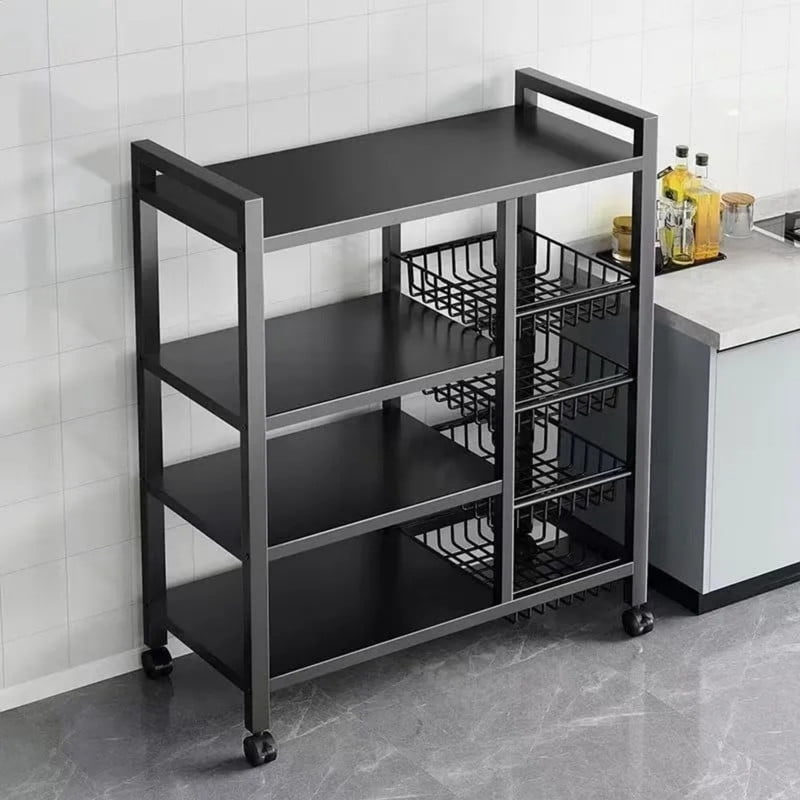 Multifunctional Rolling Kitchen Serving Cart, Metal Storage Rack with Adjustable Mesh Baskets, Kitchen Storage Rack, Fruit Basket Kitchen Cart for Kitchen