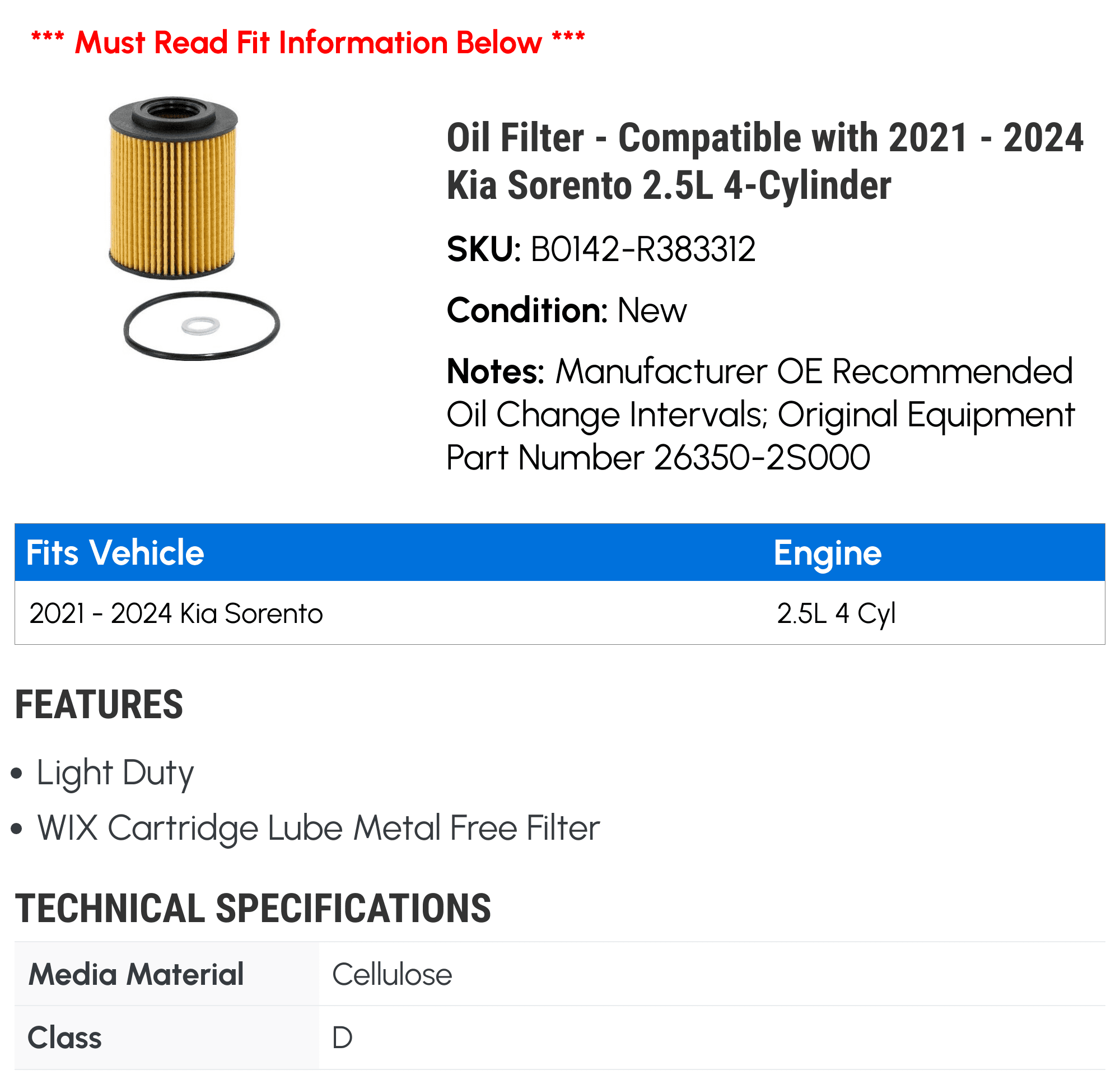 Oil Filter - Compatible with 2021 - 2024 Kia Sorento 2.5L 4-Cylinder 2022 2023