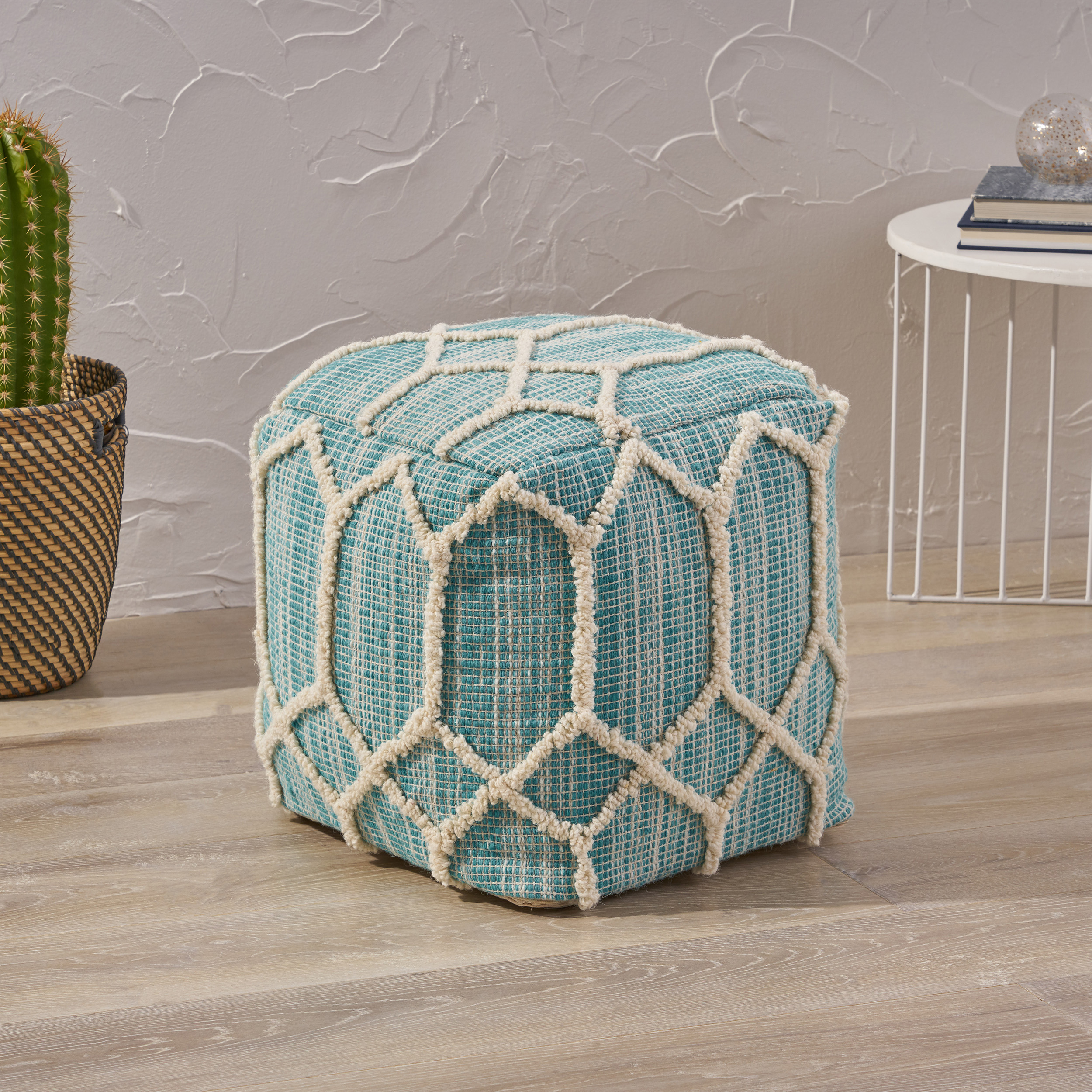 Martha Boho Wool and Cotton Ottoman Pouf, Aqua and Ivory