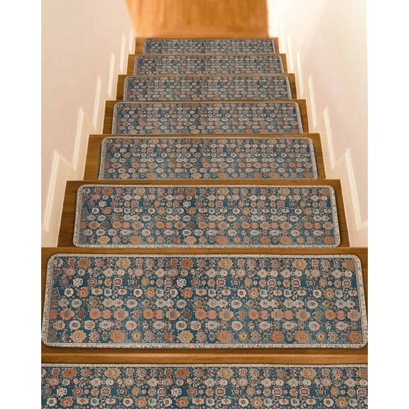 Blue Flower Print, Stair Treads for Wooden Steps Indoor Runner Rug Carpet, Farmhouse Boho Decorative Patterns 10 Pieces Peel and Stick Staircase Step Treads Covers Washable Throw Door Mats, 30"x8"