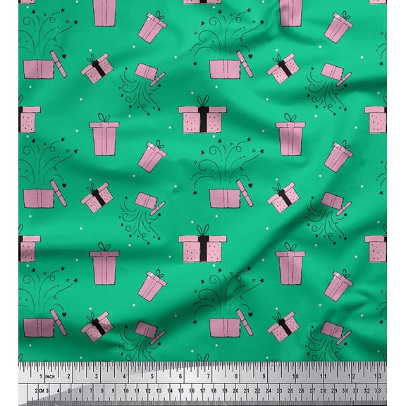 Soimoi Green Georgette Viscose Fabric Dot & Gift Box Party Print Sewing Fabric Yard 42 Inch Wide