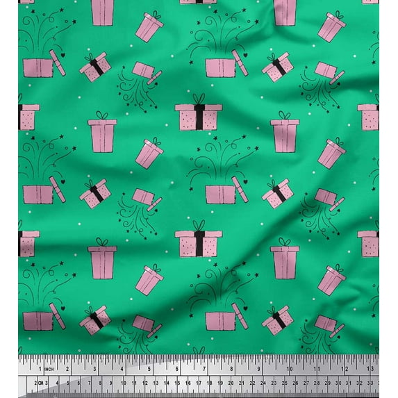 Soimoi Green Cotton Voile Fabric Dot & Gift Box Party Decor Fabric Printed Yard 42 Inch Wide