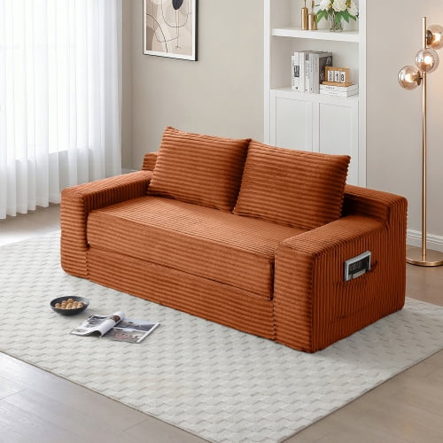 Memory Foam Cloud Loveseat Sofa, 2-in-1 Convertible Couch Bed, No Assembly Compressed Floor Lounge, Corduroy Fabric, For Apartment Office Bedroom Living Room, Orange