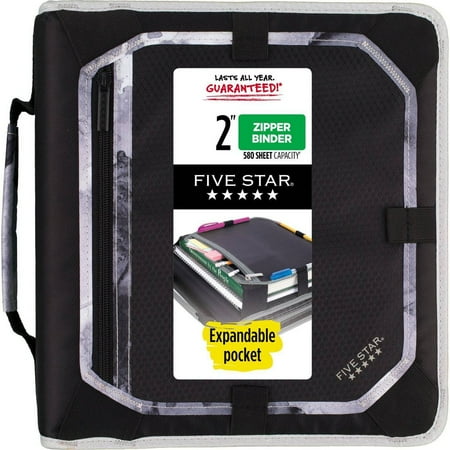 Five Star Zipper Binder  2 Inch 3-Ring Binder with Expansion Panel and Expanding File  580 Sheet Capacity  Black/Gray (29052IT8)