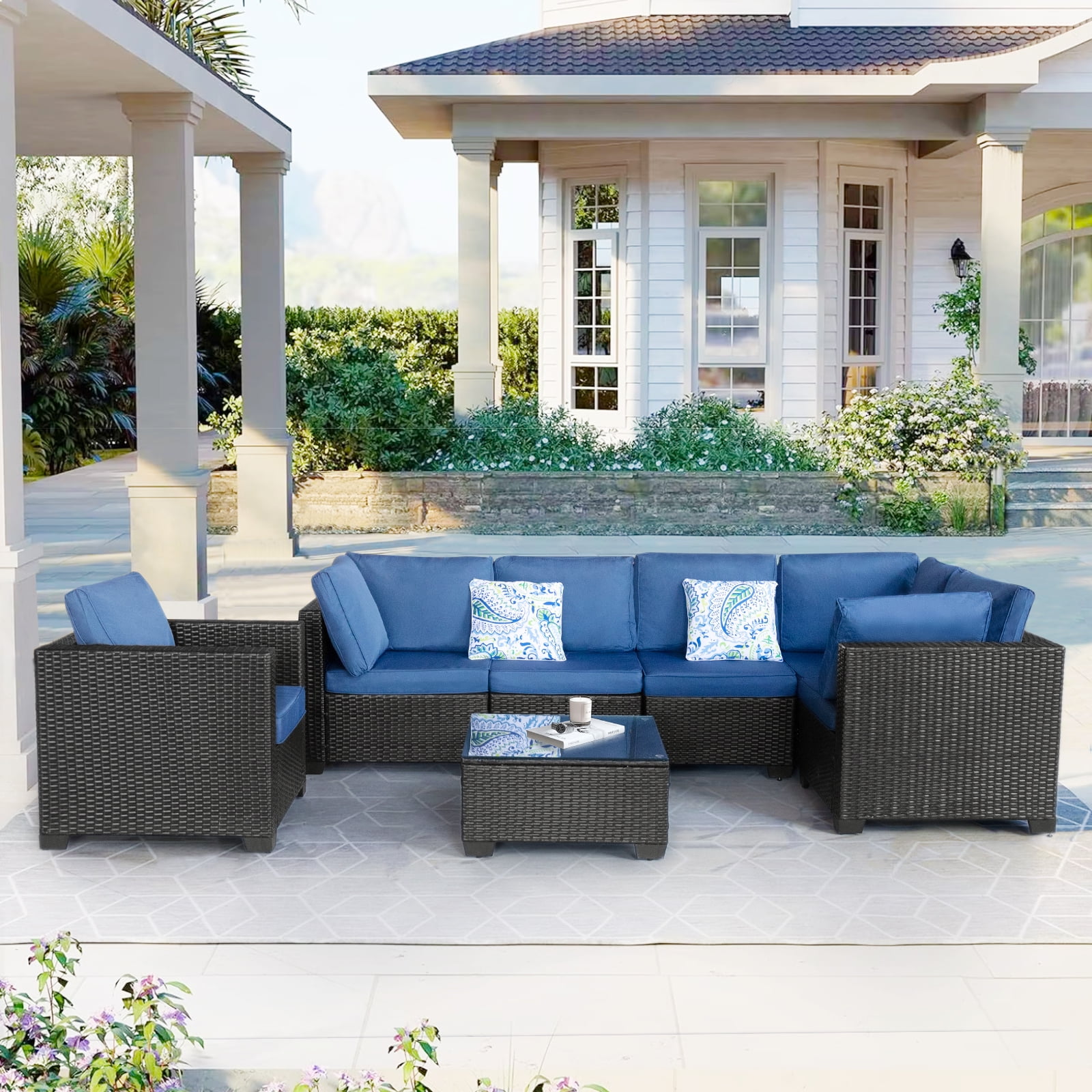 7 Pieces Patio Furniture Set, Outdoor Sectional Sofa with Table, Wicker Rattan Patio Conversation Couch with Blue Cushions and Pillows