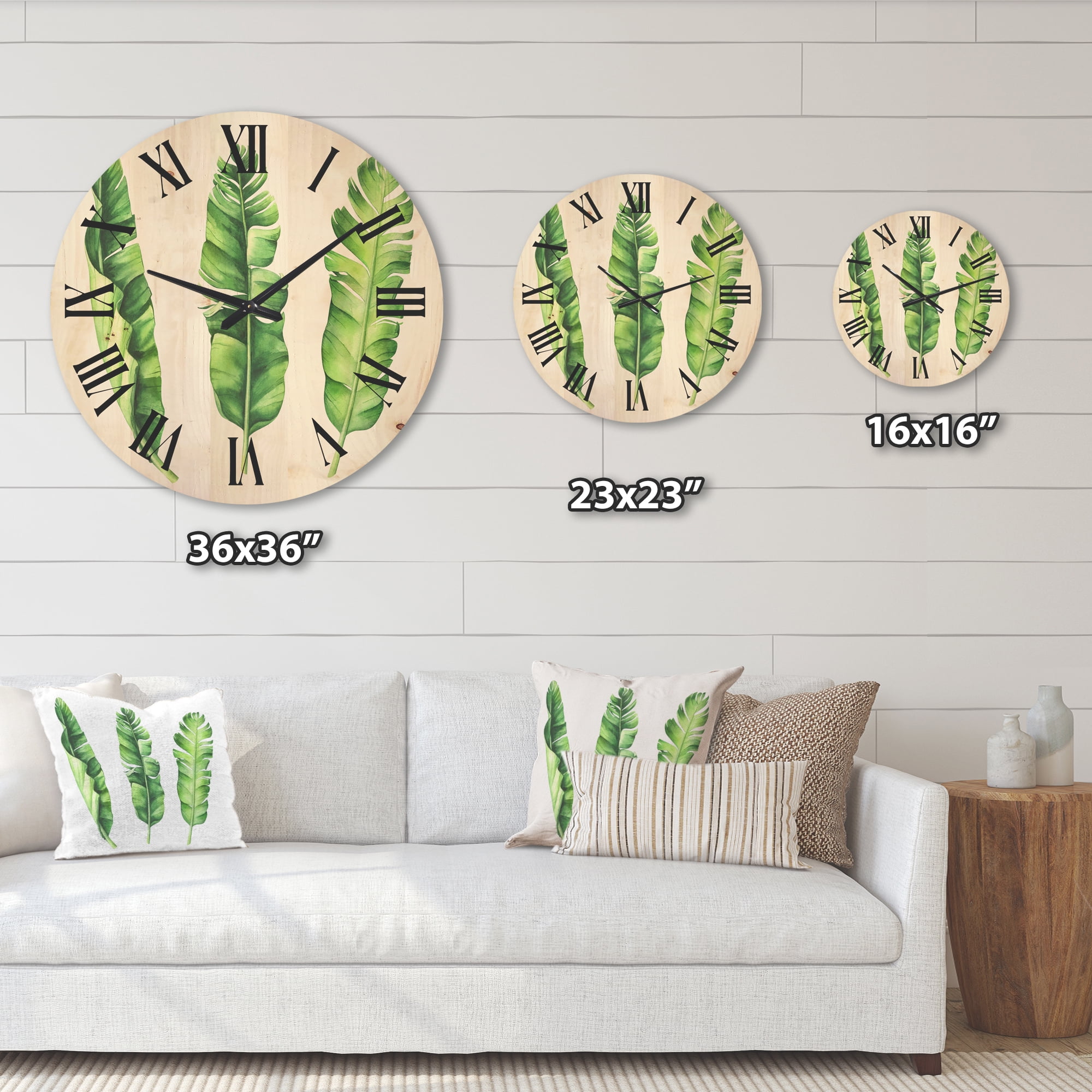 Designart 'Tropical Banana Leaves Set On White' Farmhouse Wood Wall Clock