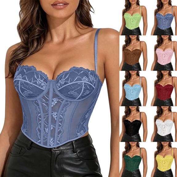 ATOYSOY Corset Tops for Women Going Out Lace Bustier Top with Adjustable Straps Tank, Back Hooks for Cute Party(Black,M)