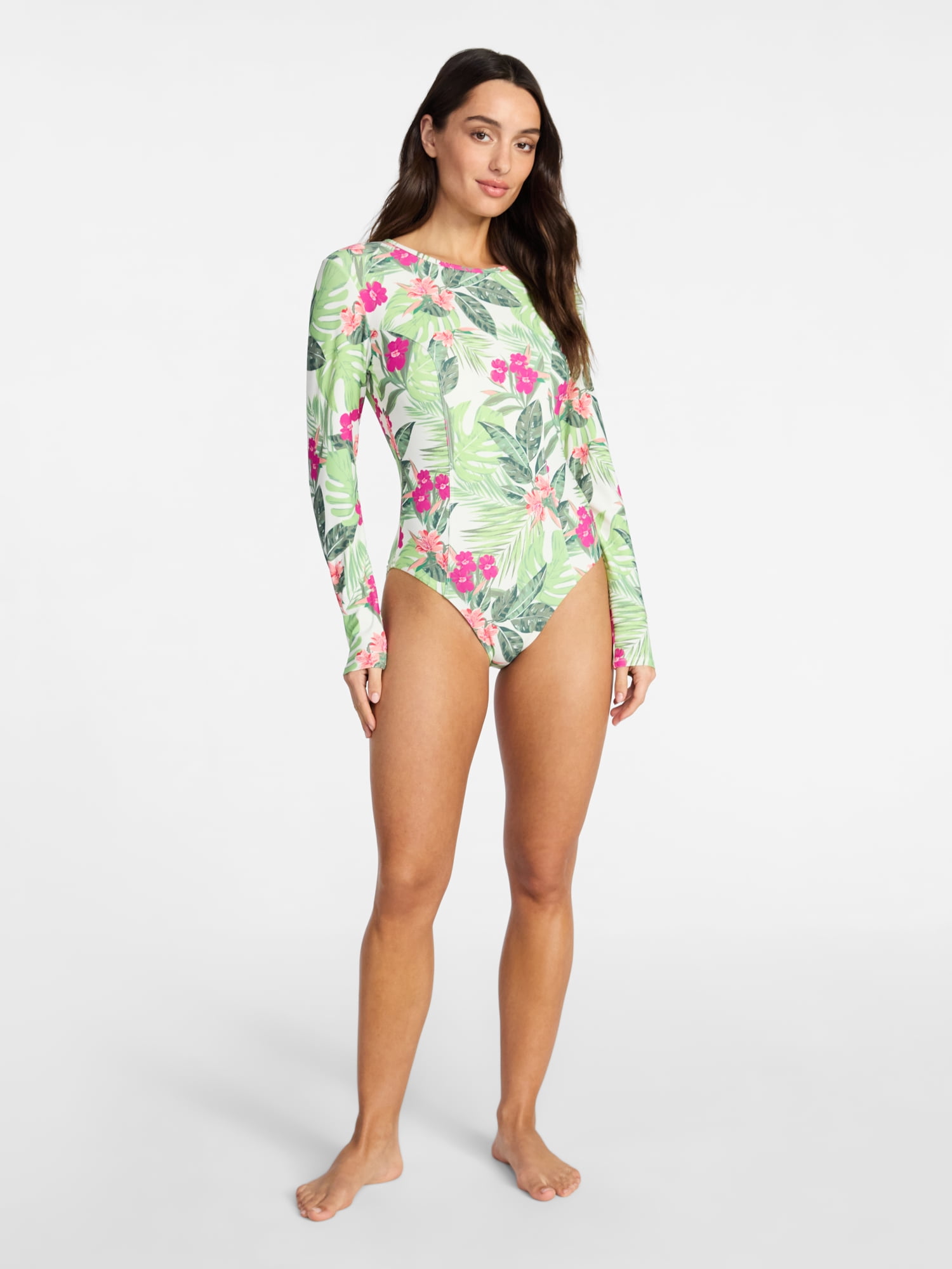 Time and Tru Women's and Women's Plus Size One Piece Rash Guard Swimsuit with Long Sleeves, Sizes XS-3X