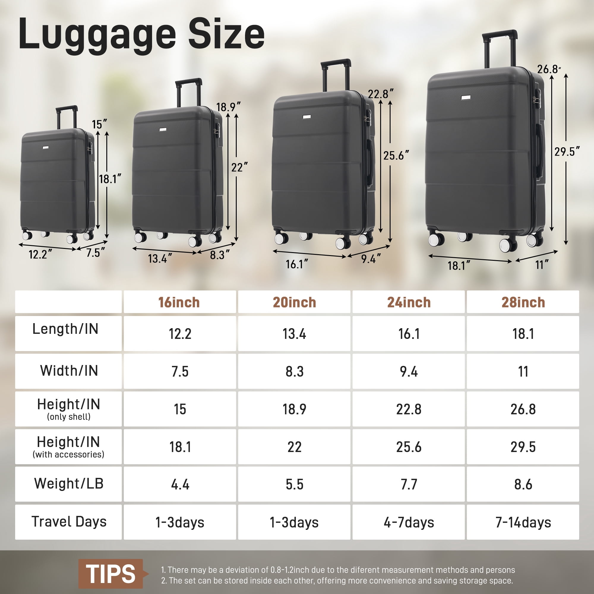 Euroco 6 Piece Luggage Sets, ABS Hardshell Suitcase Set with Password Lock,Spinner Wheels and 2 Bags,Durable Lightweight Carry on Suitcase with Handle for Travel,Charcoal(16"/20"/24"/28")