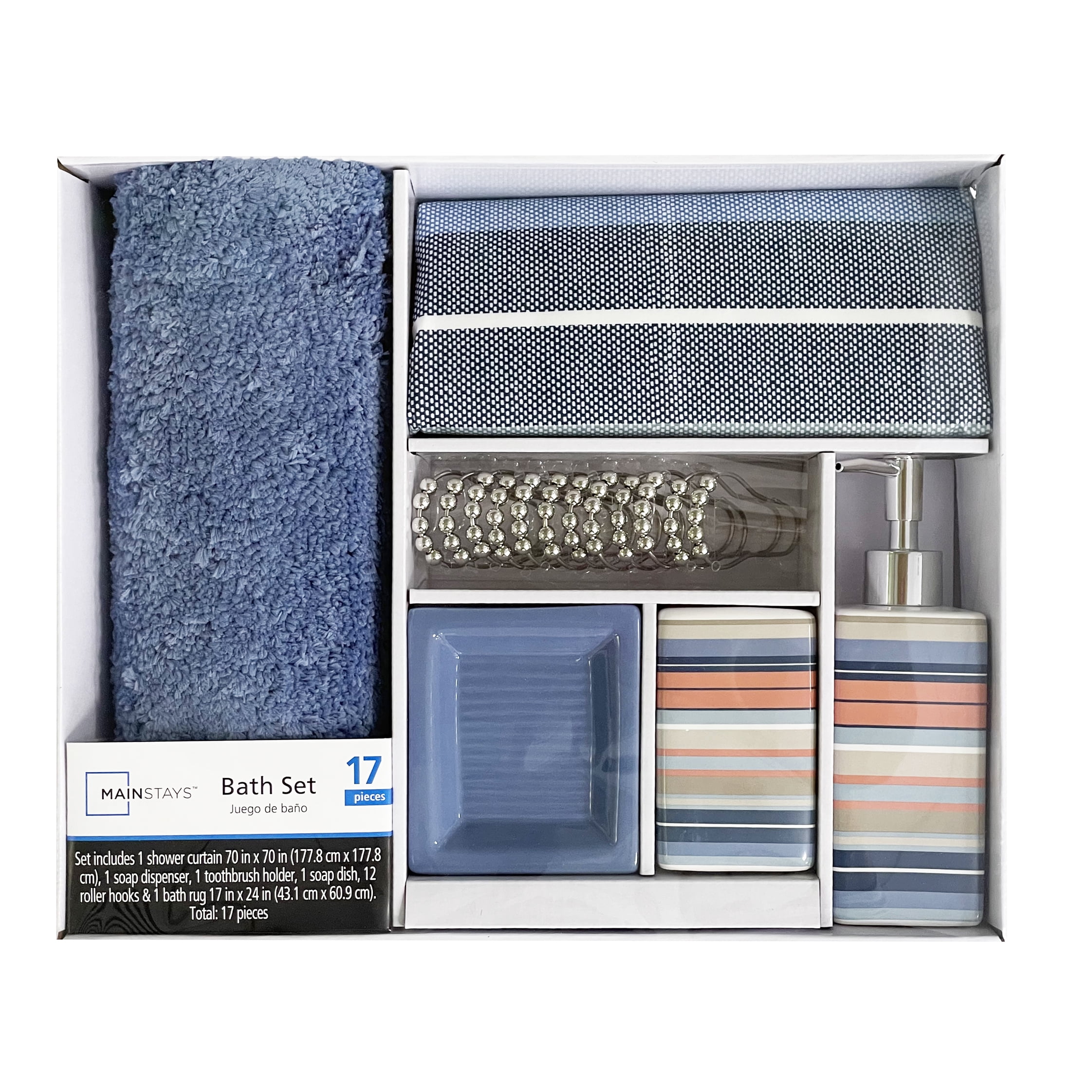 Mainstays 17-Piece Stripe Polyester/Ceramic Shower Curtain & Bathroom Accessory Set, Multi-Color