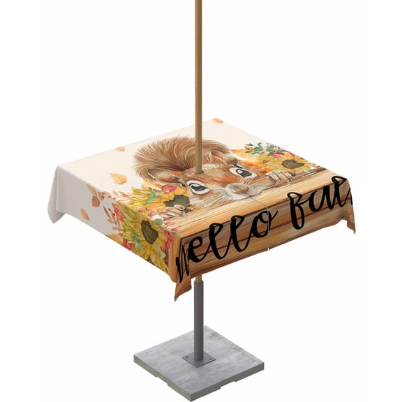 Boanket Outdoor Tablecloth with Umbrella Hole for Patio/Picnic/Party/Camping, Hello Fall Squirrel Waterproof Table Cloth Square Cover Washable, Pink Pumpkins Thanksgiving (54"x 54")