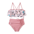 thumbnail image 1 of Women's Bikini Split 2-piece Suit, High-waisted Drawstring, Ruffle Edge and Rope Swimsuit, for Beach, Swimming Pool, Pink (L), 1 of 4