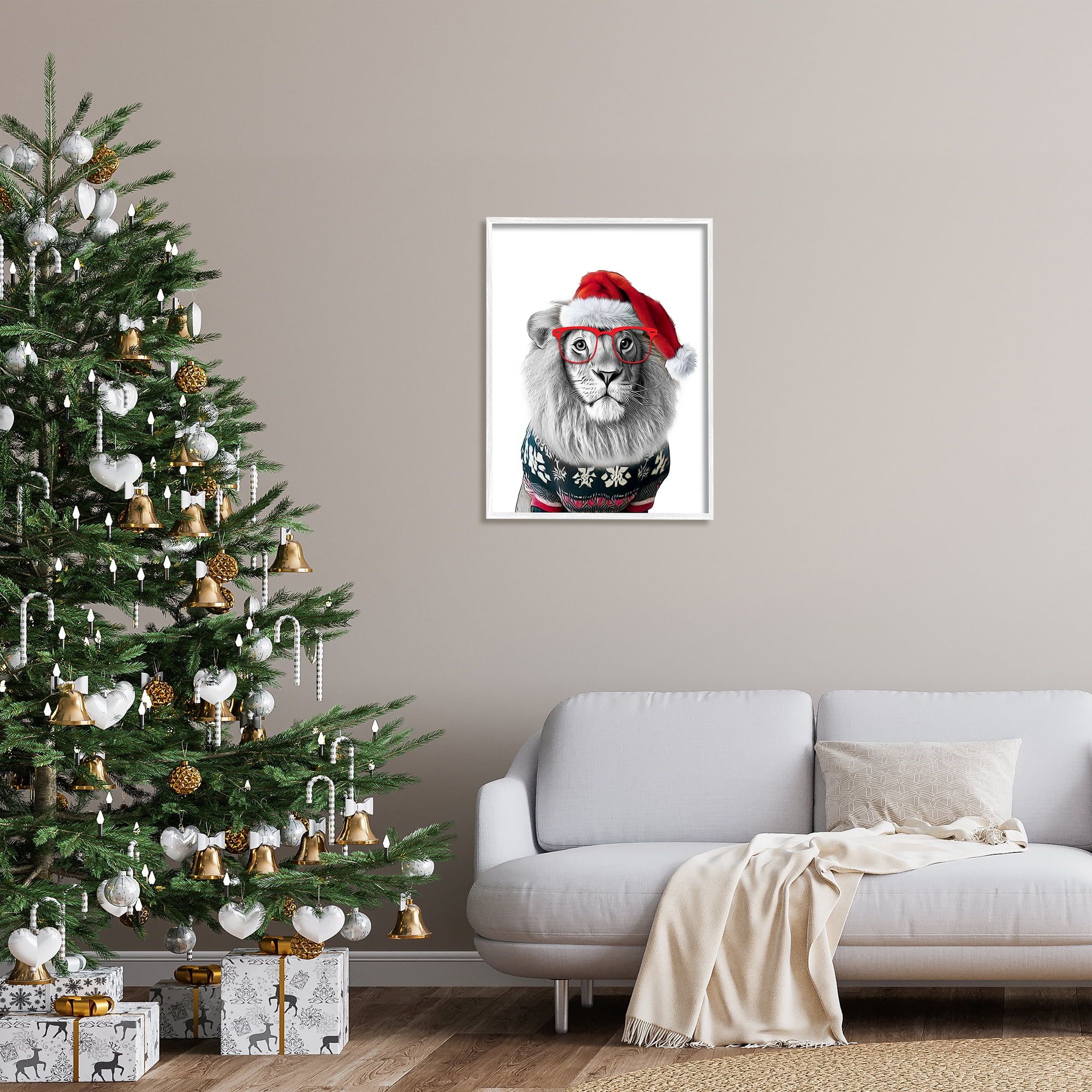 Stupell Industries Lion in Christmas Sweater Holiday Painting White Framed Art Print Wall Art, 24 x 30